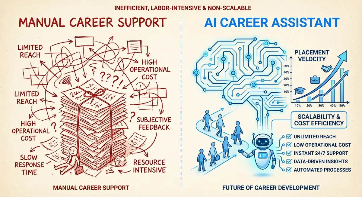 Infographic comparing high overhead of manual support vs efficient ai career assistant for bootcamps cost