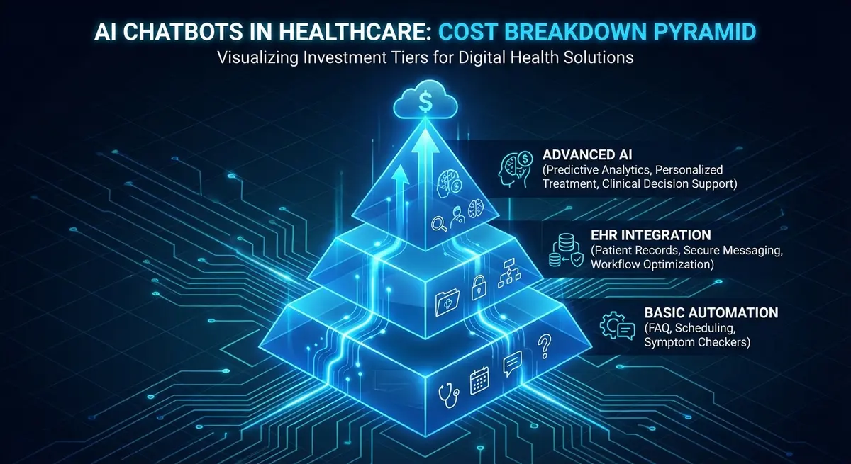 Infographic showing cost tiers for AI chatbot cost for medical practice from basic to advanced