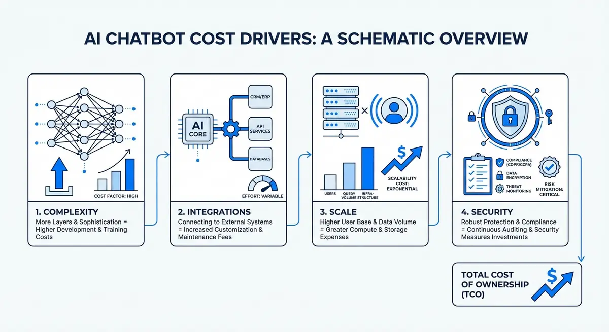 Infographic breakdown of ai chatbot implementation pricing drivers including complexity and integrations