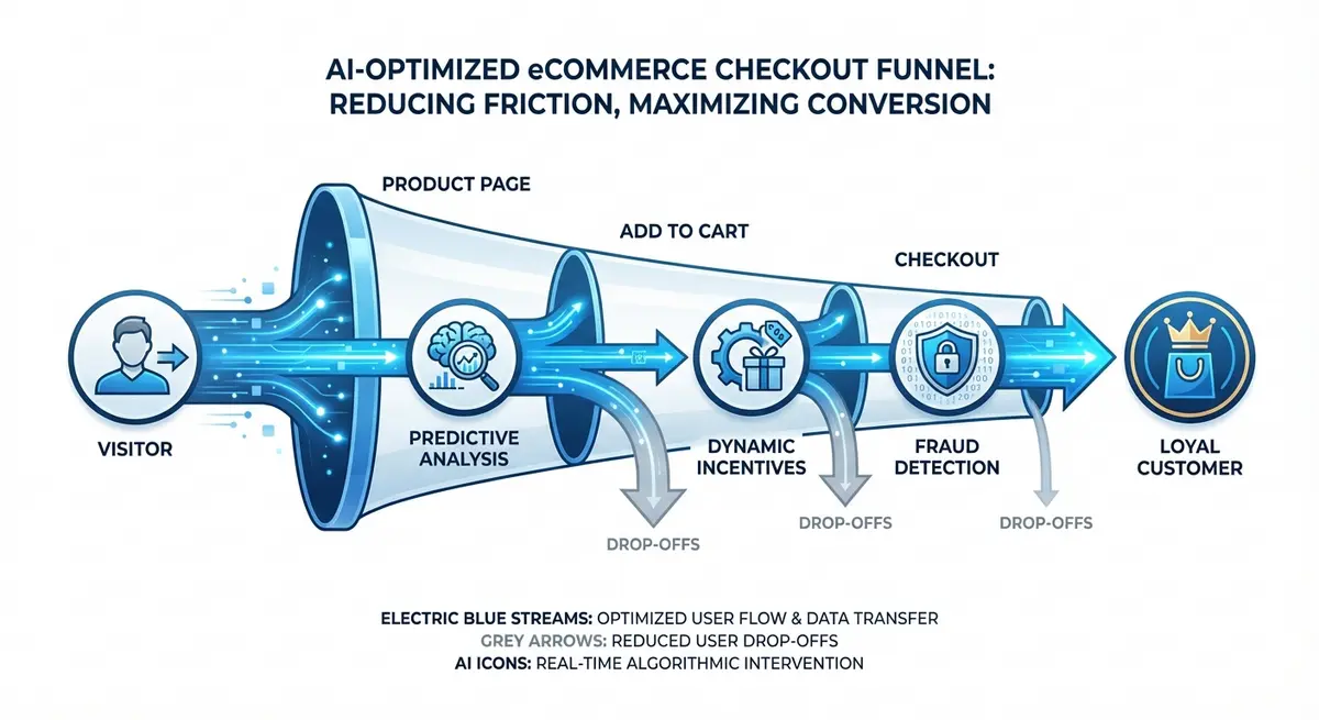 Infographic showing how AI checkout funnel optimization pricing strategies work to reduce abandonment