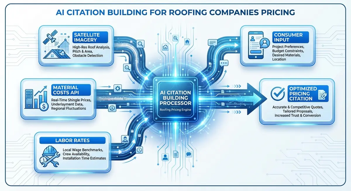 Infographic showing how AI citation building for roofing companies pricing integrates data sources