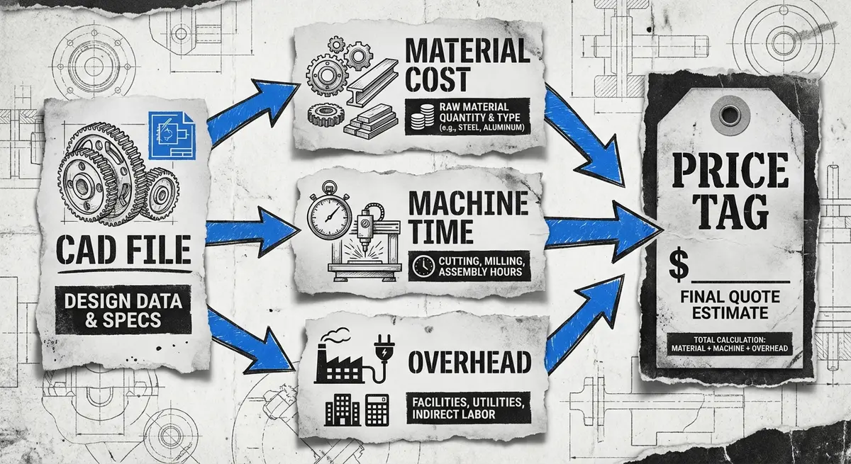 Infographic showing the data flow of an AI citation strategy for manufacturers cost from CAD to final quote