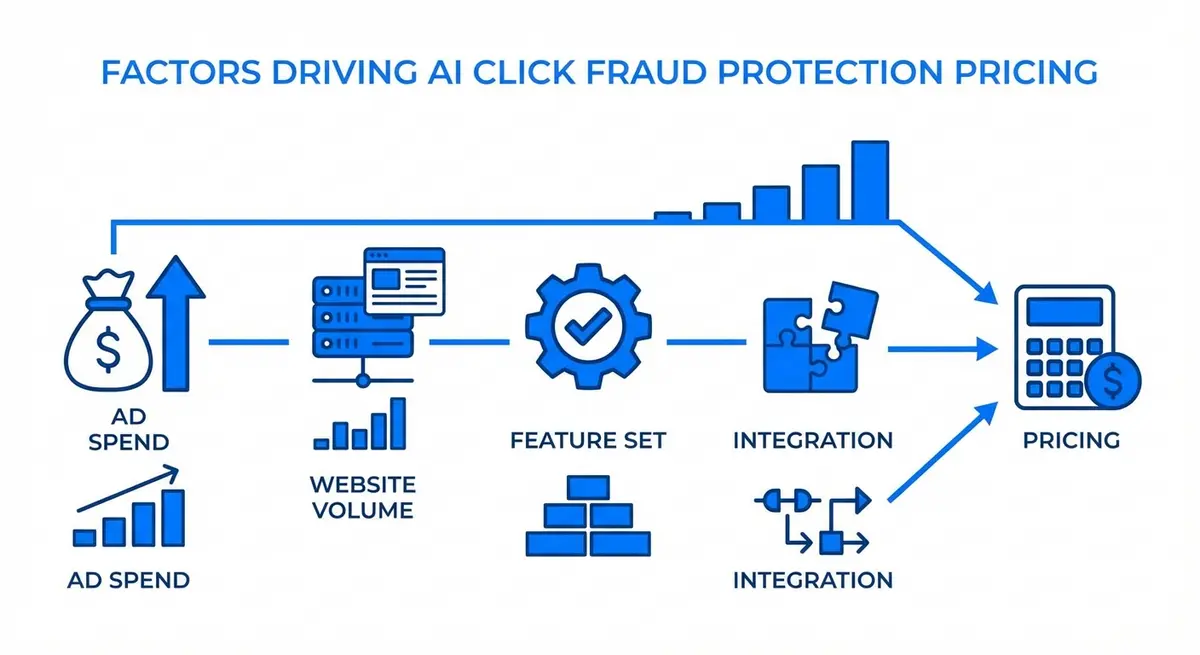 Infographic showing factors influencing ai click fraud protection pricing