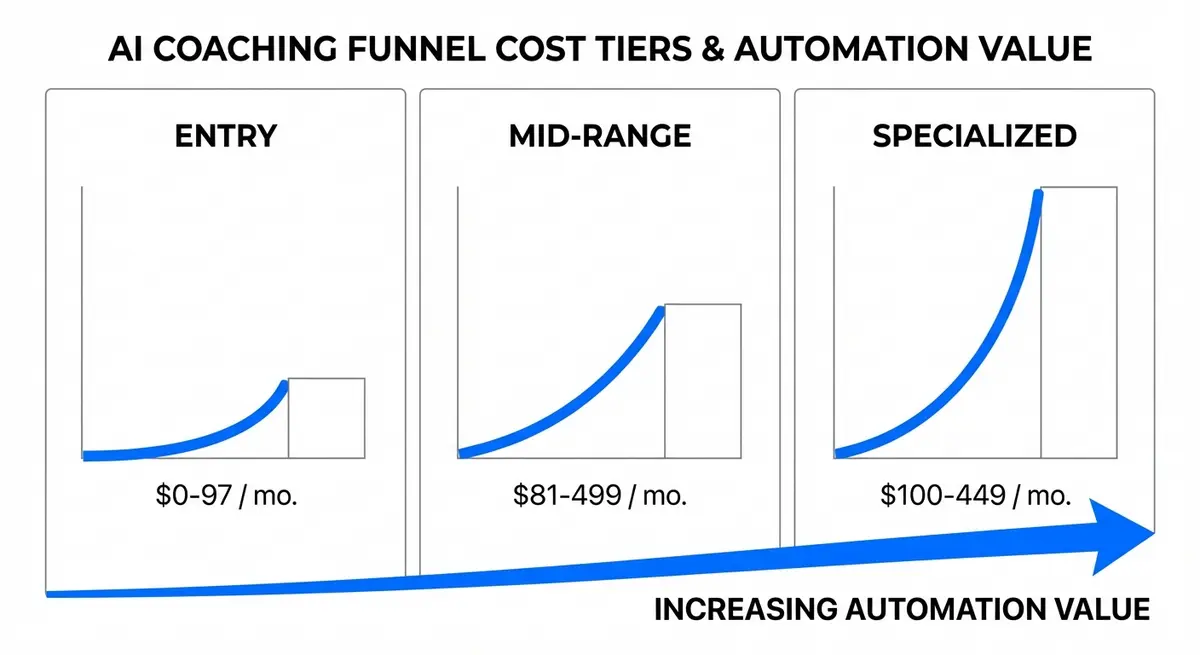 Infographic showing entry to advanced AI coaching funnel cost tiers