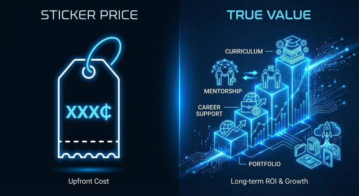 Infographic breaking down ai coding bootcamp agent pricing components beyond tuition