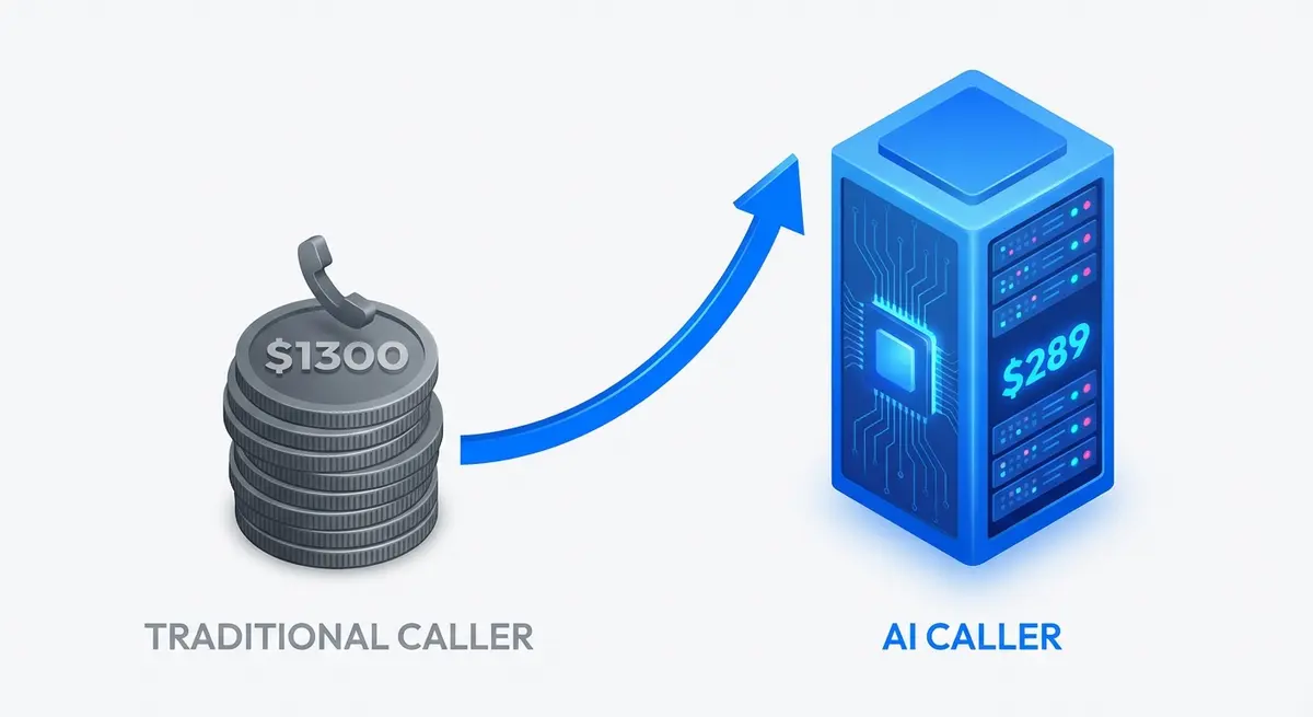 Cost comparison infographic showing AI cold calling cost for real estate investors versus traditional human callers