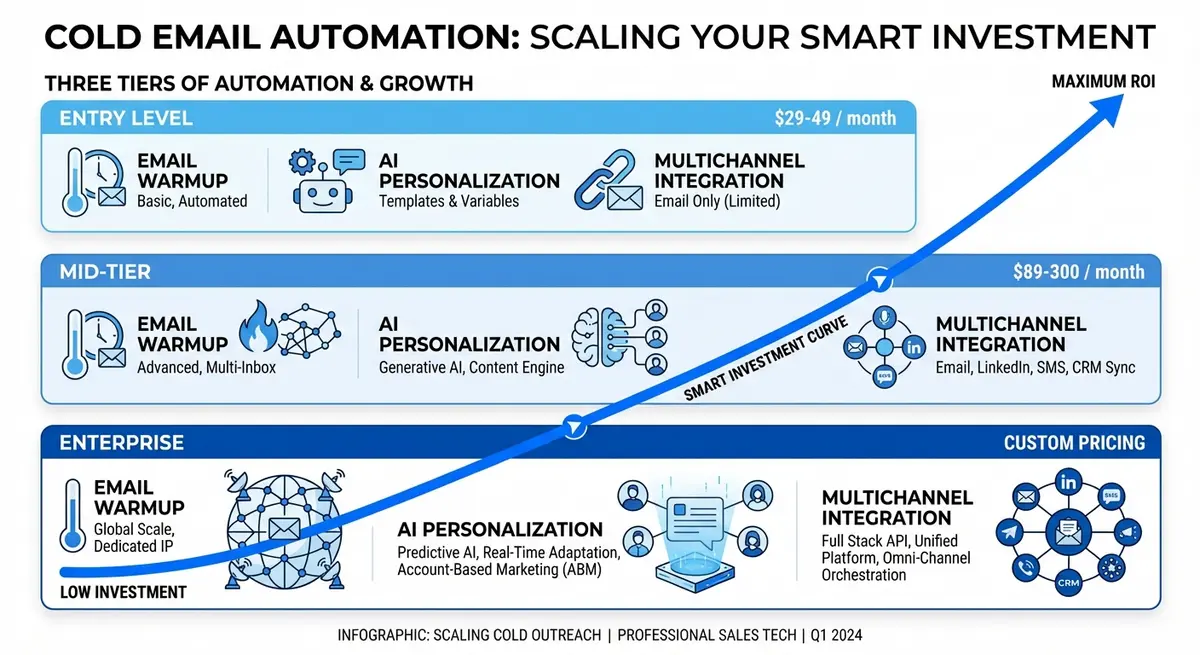 Chart showing ai cold email automation cost tiers from basic to enterprise