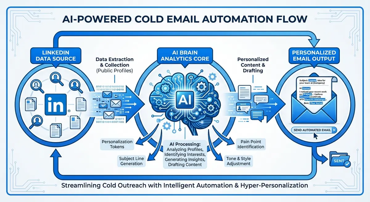 Infographic showing how AI cold email for recruiting agencies works from data extraction to personalization