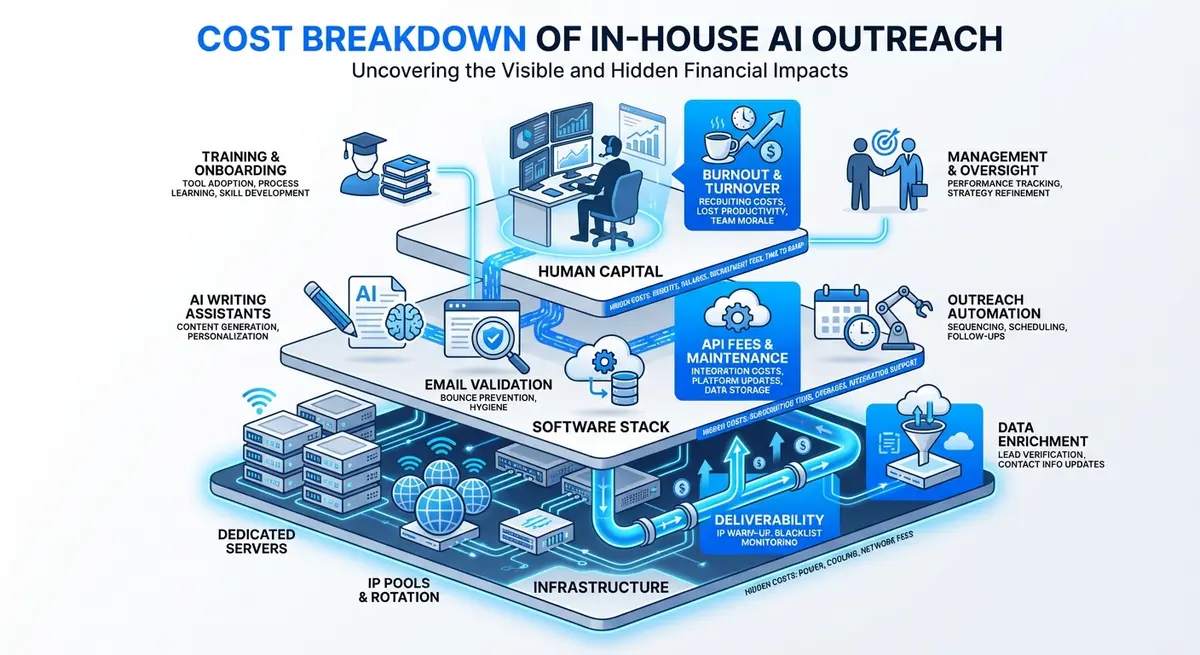 Infographic breaking down the hidden costs of in-house AI cold outreach for B2B SaaS including infrastructure, software, and human oversight.