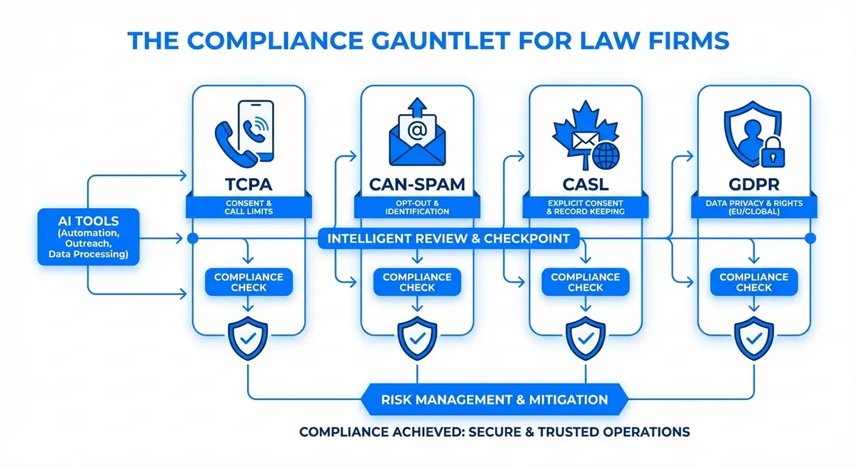 Infographic showing TCPA, CAN-SPAM, CASL, and GDPR compliance pillars for ai cold outreach for law firms compliant strategies