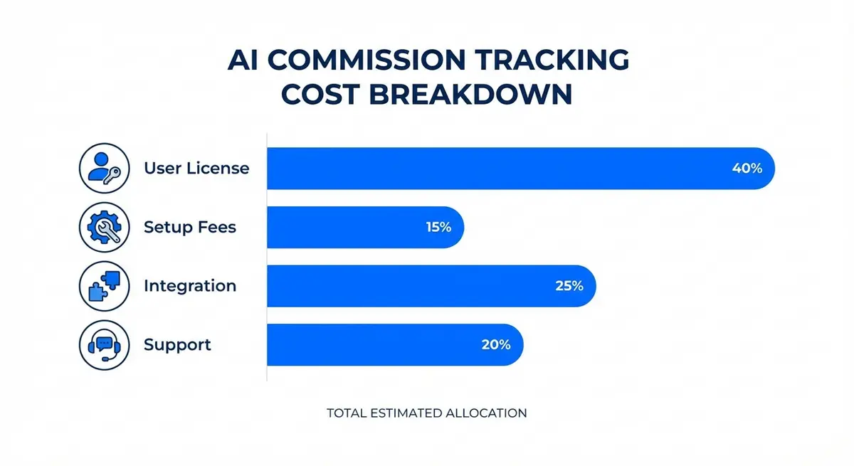 Infographic breakdown of ai commission tracking cost factors including user licenses and setup fees