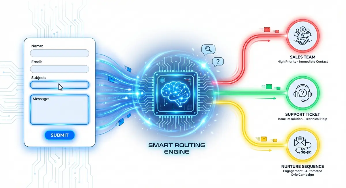 Diagram showing AI conditional form routing logic and data flow