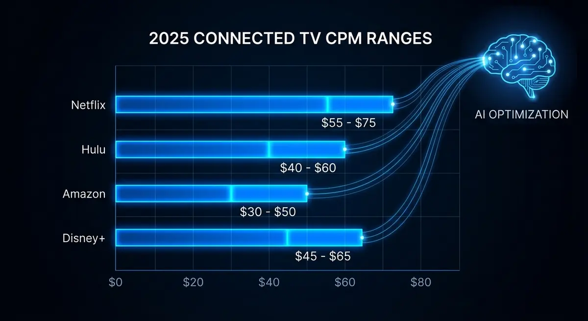 Infographic showing the range of ai connected tv ads cost and CPMs across major streaming platforms like Netflix and Hulu