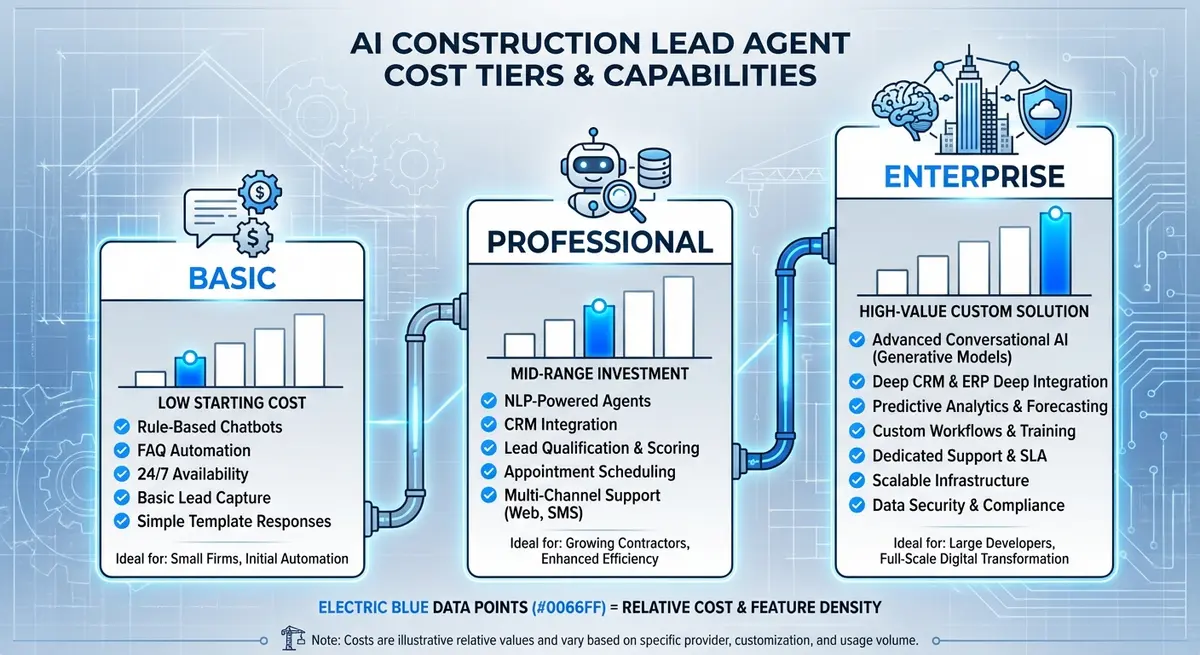 Infographic showing AI construction lead agent pricing tiers from starter to enterprise