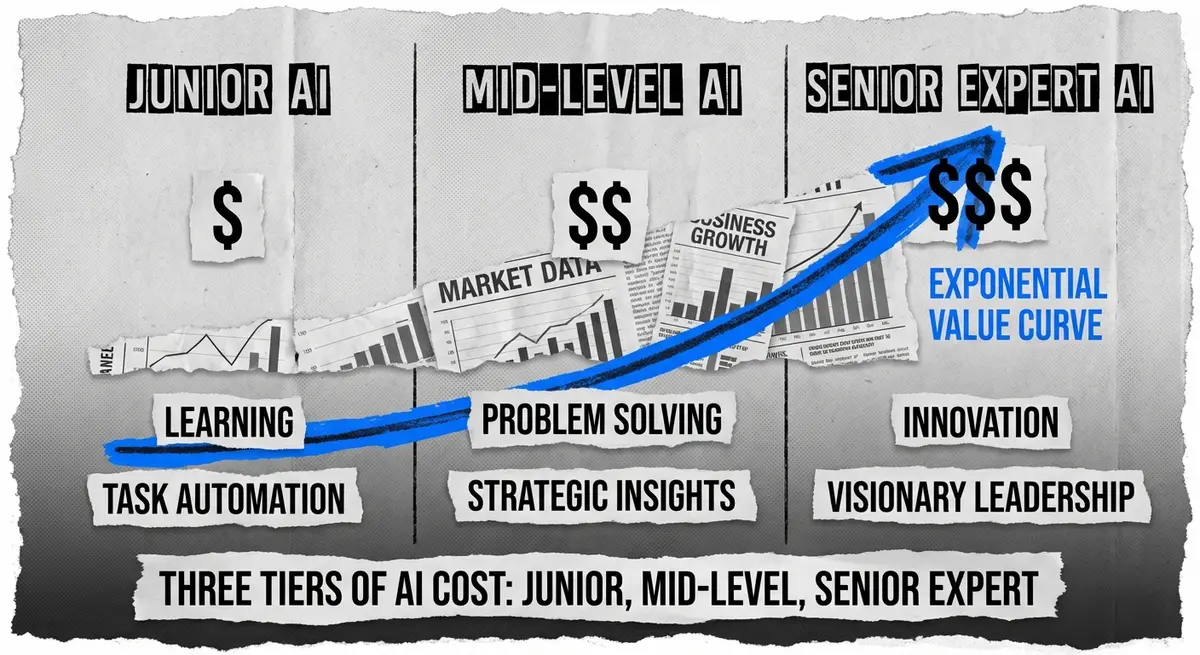 Infographic showing hourly rate ranges contributing to ai consulting services cost for junior to expert levels