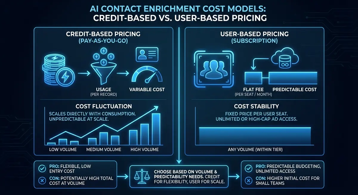 Infographic comparing different AI contact enrichment cost models and pricing structures