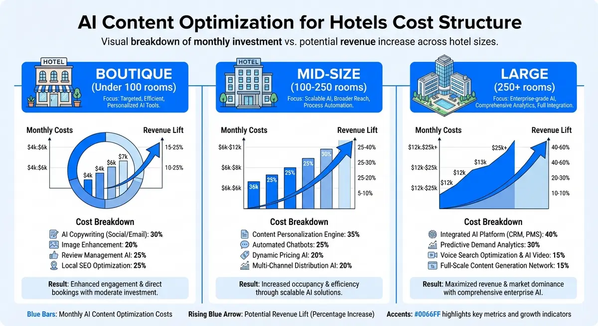 Infographic showing ai content optimization for hotels cost tiers and revenue lift potential