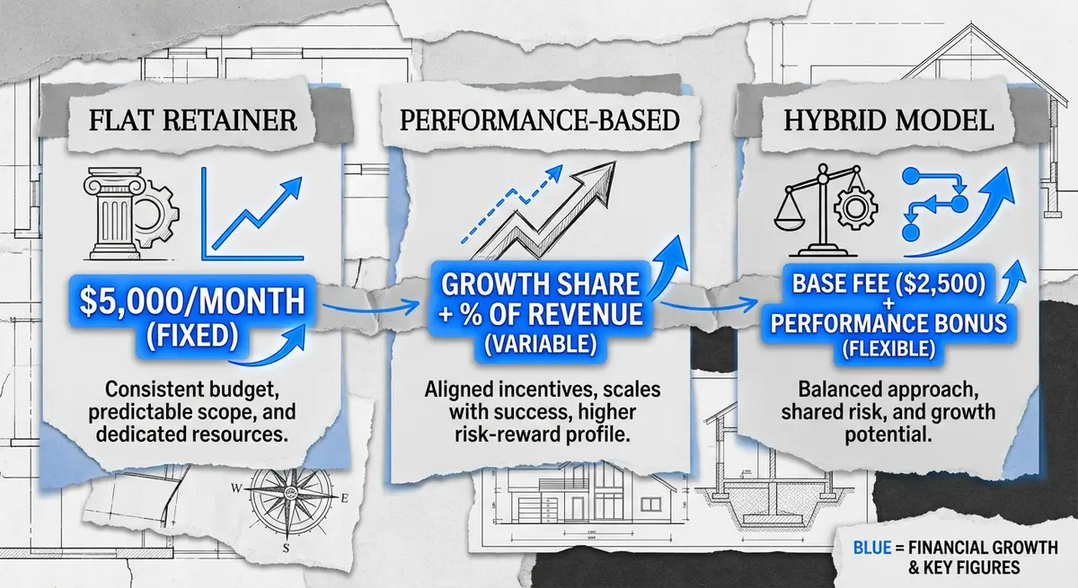 Pricing models for AI contractor finder optimization including retainer performance and hybrid options