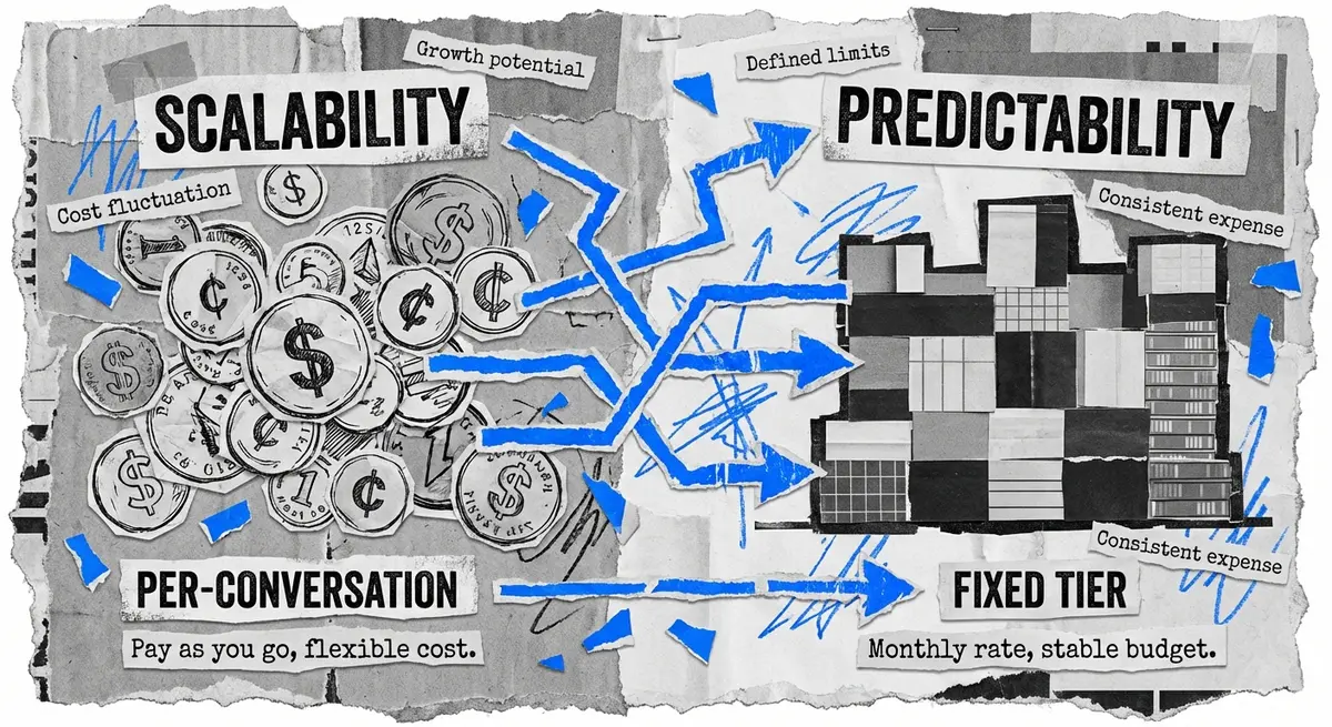 Comparison of AI conversational form cost models: per-message vs fixed tier pricing