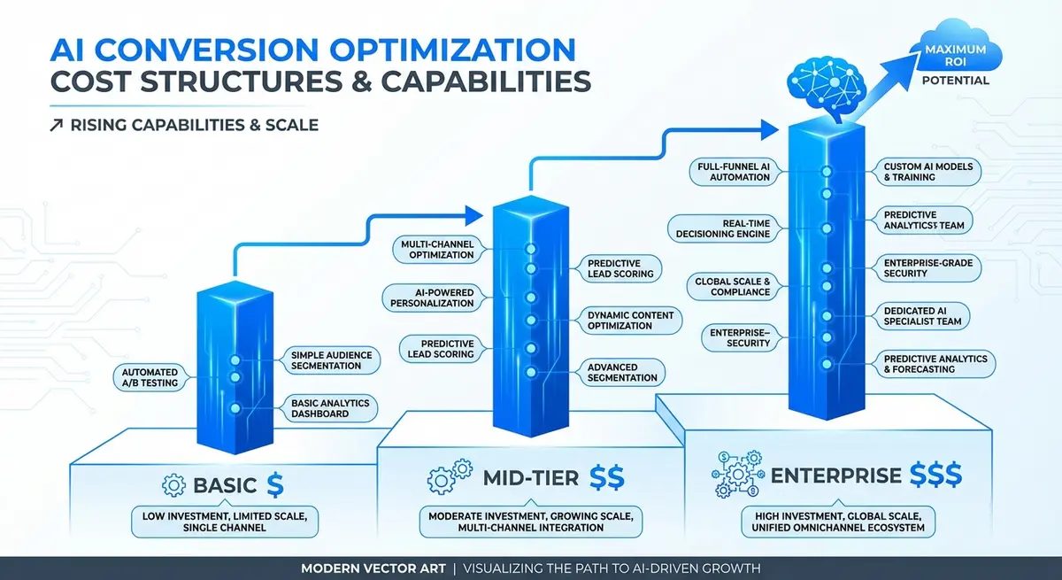 Infographic comparing AI conversion optimization cost tiers and features with #0066FF accents