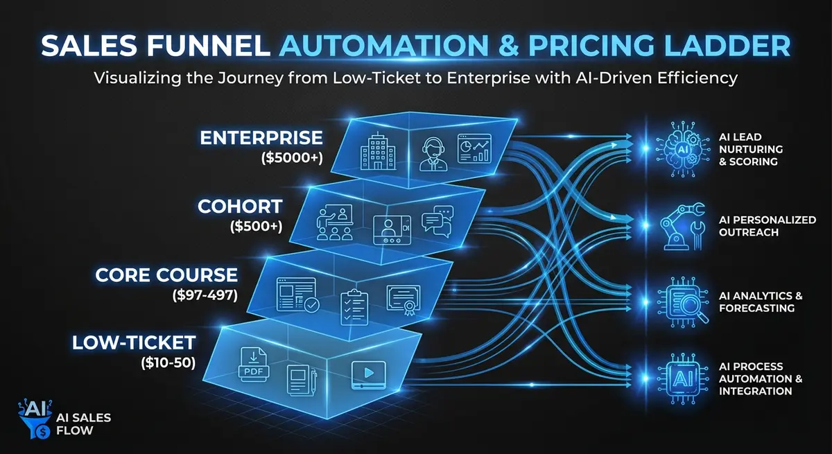 Infographic showing AI course funnel pricing tiers from tripwire to enterprise