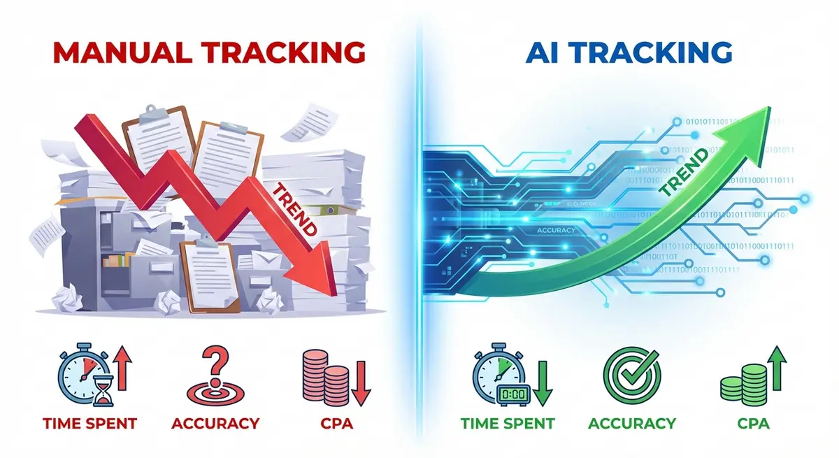 Infographic comparing manual CPA tracking costs versus AI automation efficiency