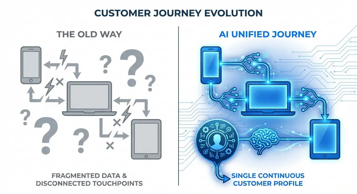 Infographic comparing siloed tracking vs AI cross-device tracking cost benefits