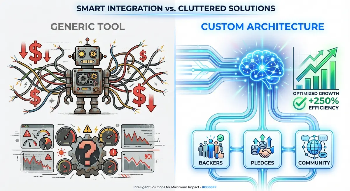 Comparison of generic AI tools versus custom AI crowdfunding architecture showing efficiency and ROI