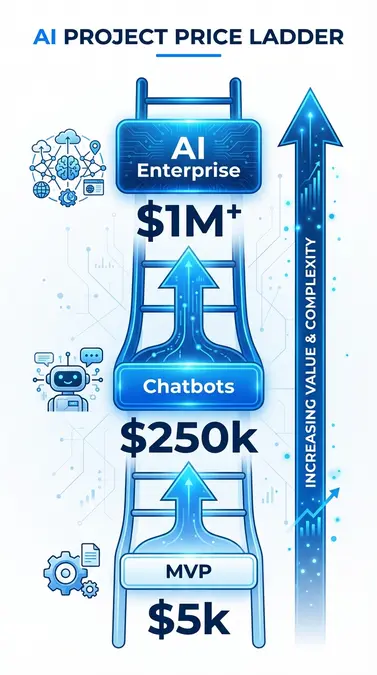 Infographic showing ai custom development pricing tiers from MVP to Enterprise solutions