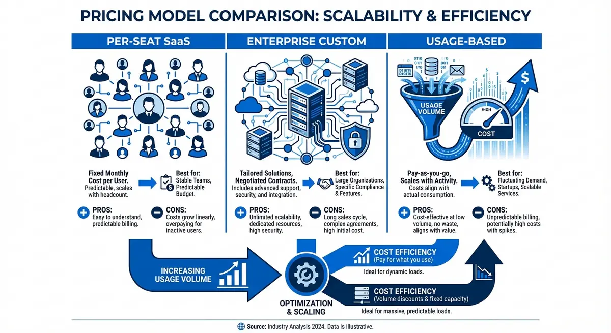 Infographic comparing AI customer journey optimization pricing models: Per-Seat, Enterprise, and Usage-Based