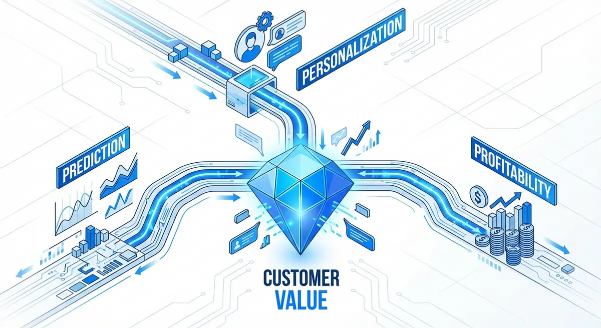 Infographic showing AI data streams merging into customer value diamond