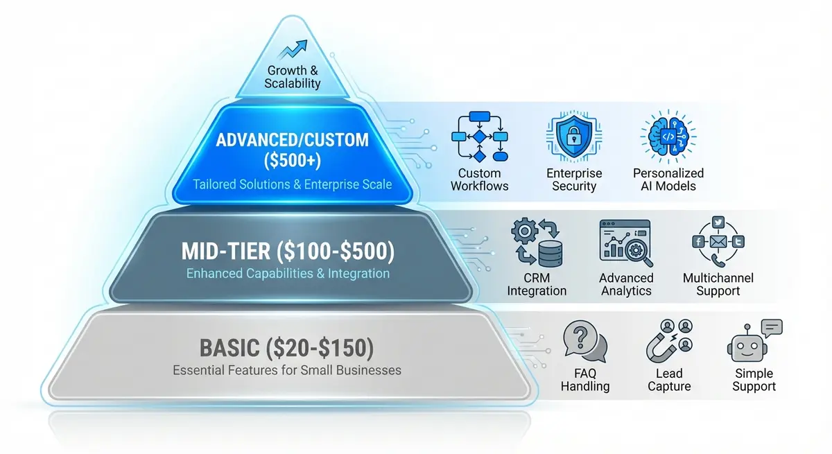 Infographic showing ai customer support bot cost tiers for saas startups