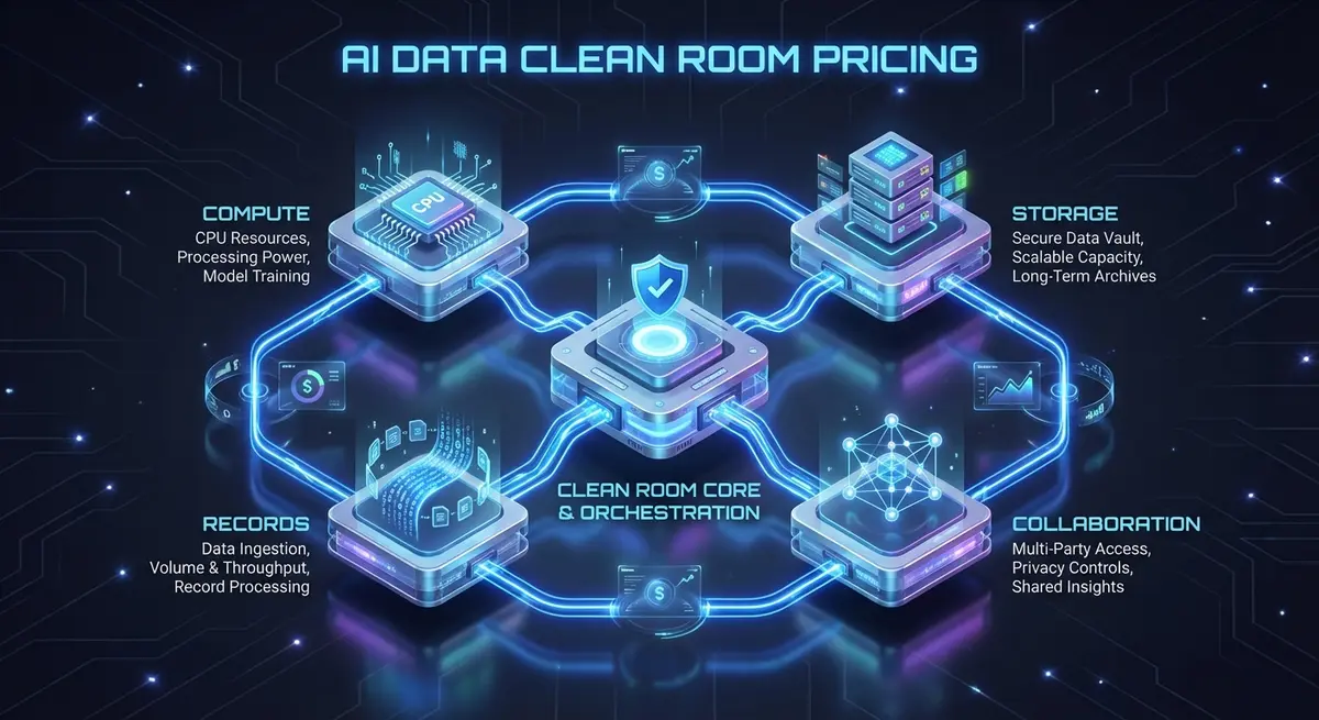 Infographic breaking down ai data clean room pricing components including compute, storage, and records