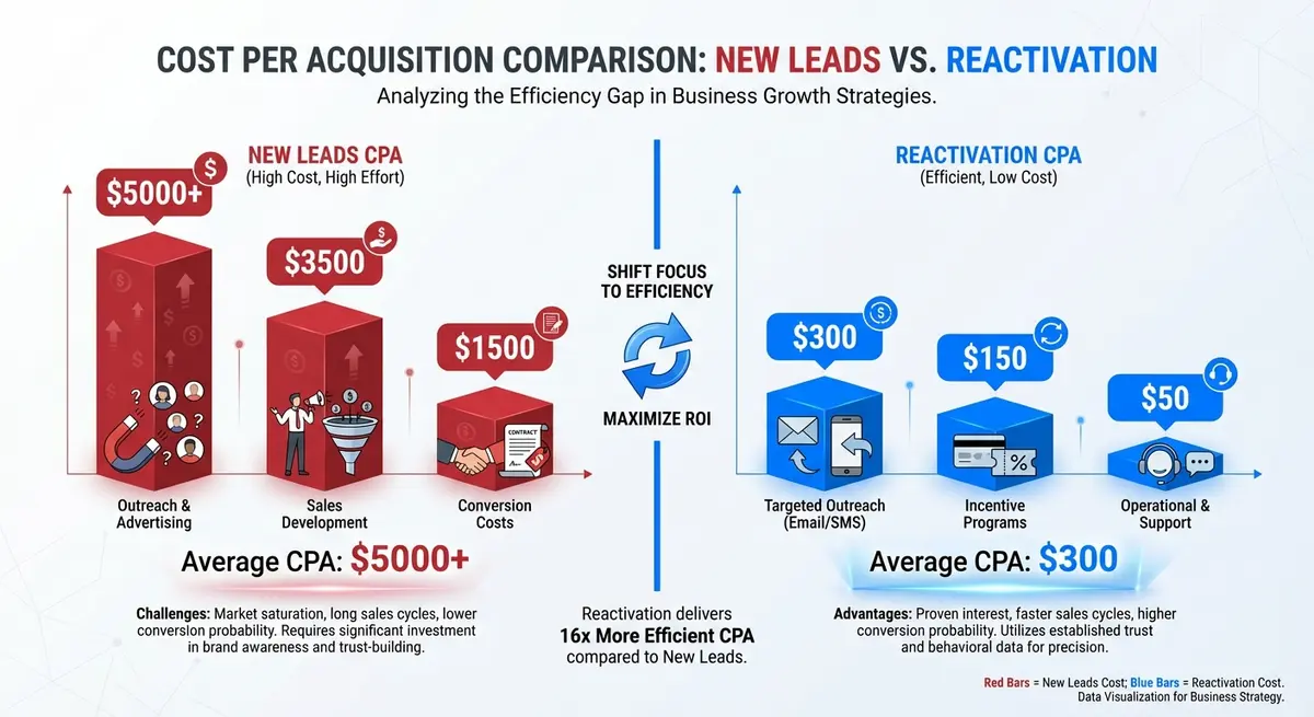 Infographic comparing high new lead acquisition costs vs low ai database reactivation outreach cost