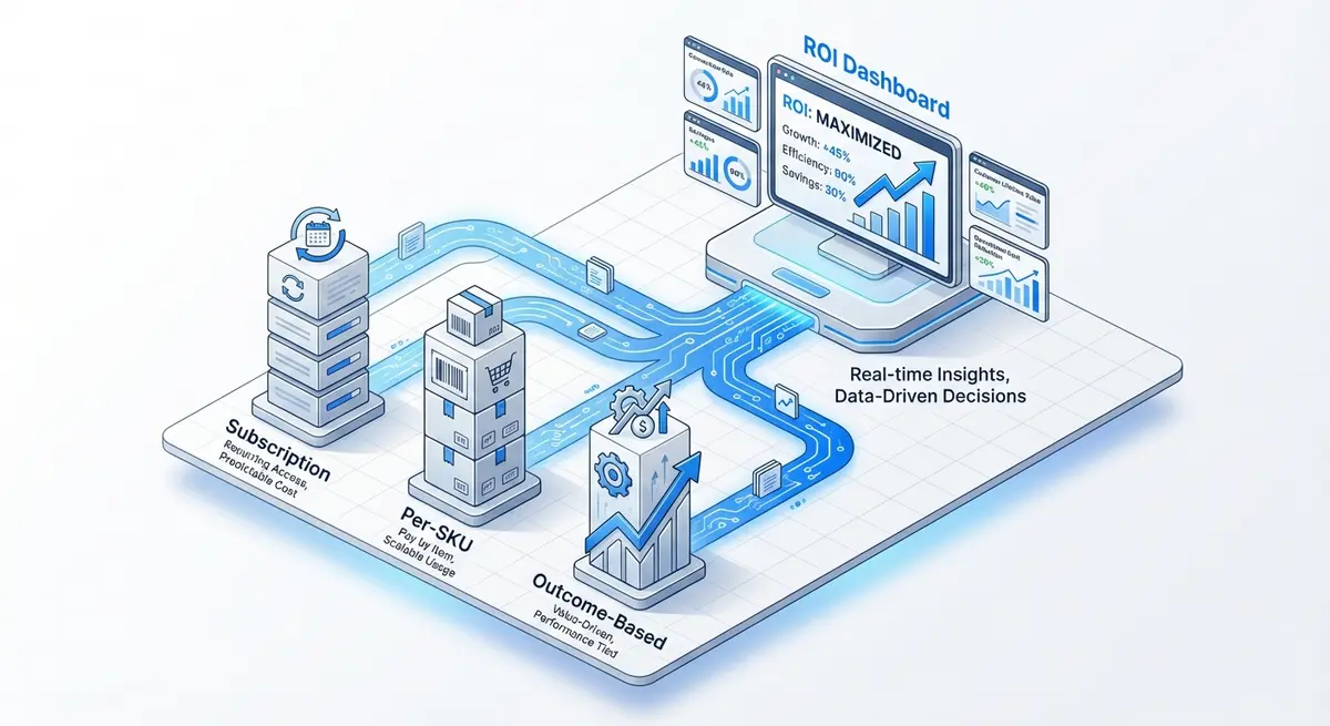 Infographic showing three AI demand forecasting pricing models: Subscription, Per-SKU, and Outcome-Based