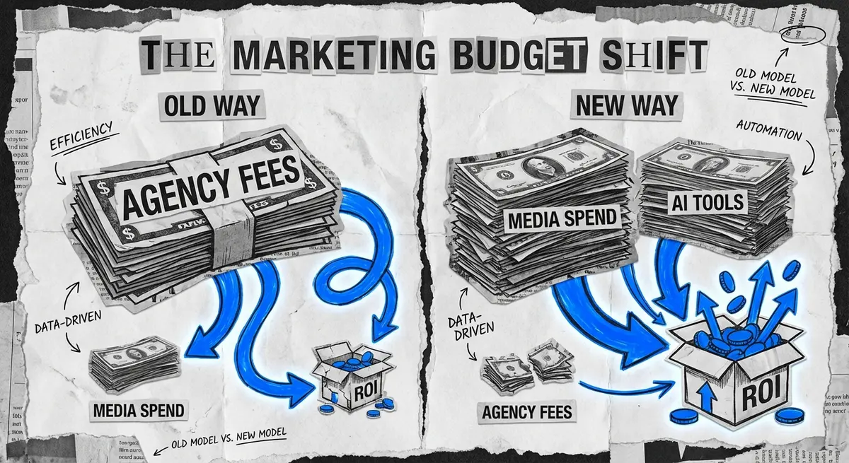 Infographic showing the shift in ai demand gen ads cost structure from agency fees to media and tools