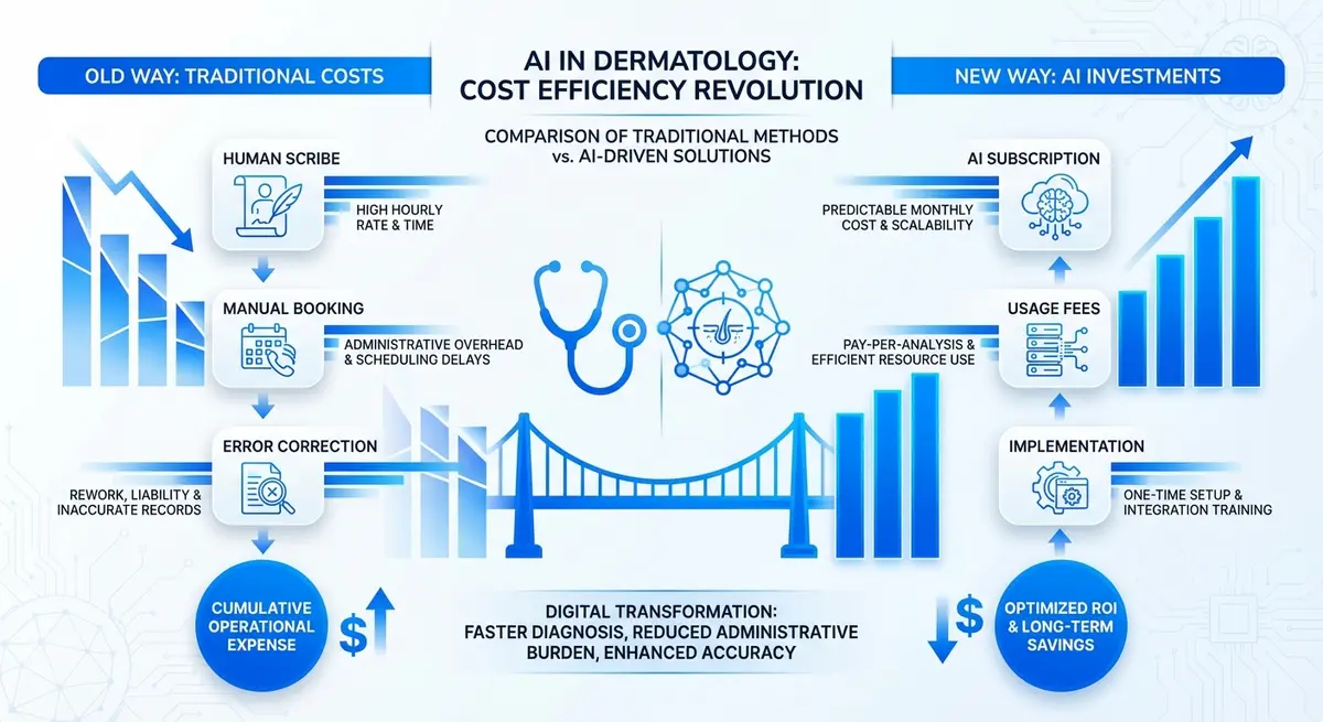 Infographic comparing AI dermatology agent pricing models versus traditional staffing costs