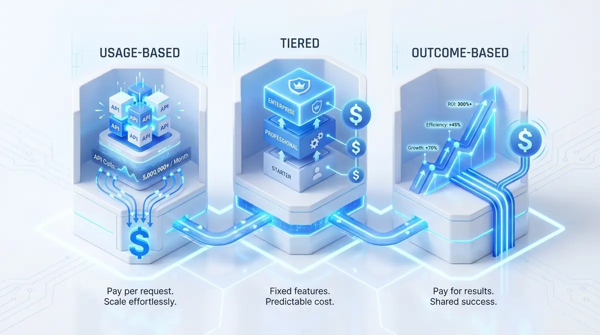 Infographic comparing usage-based, tiered, and outcome-based ai discovery call funnel pricing models