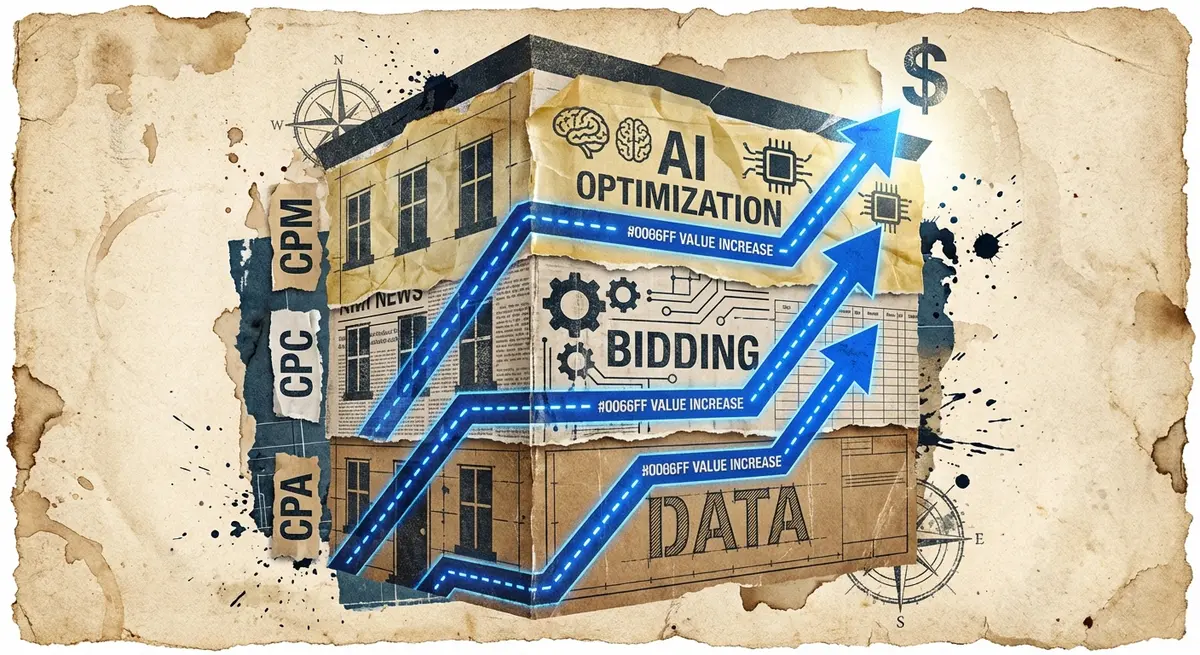 Infographic showing how AI optimization layers on top of traditional CPM CPC and CPA models