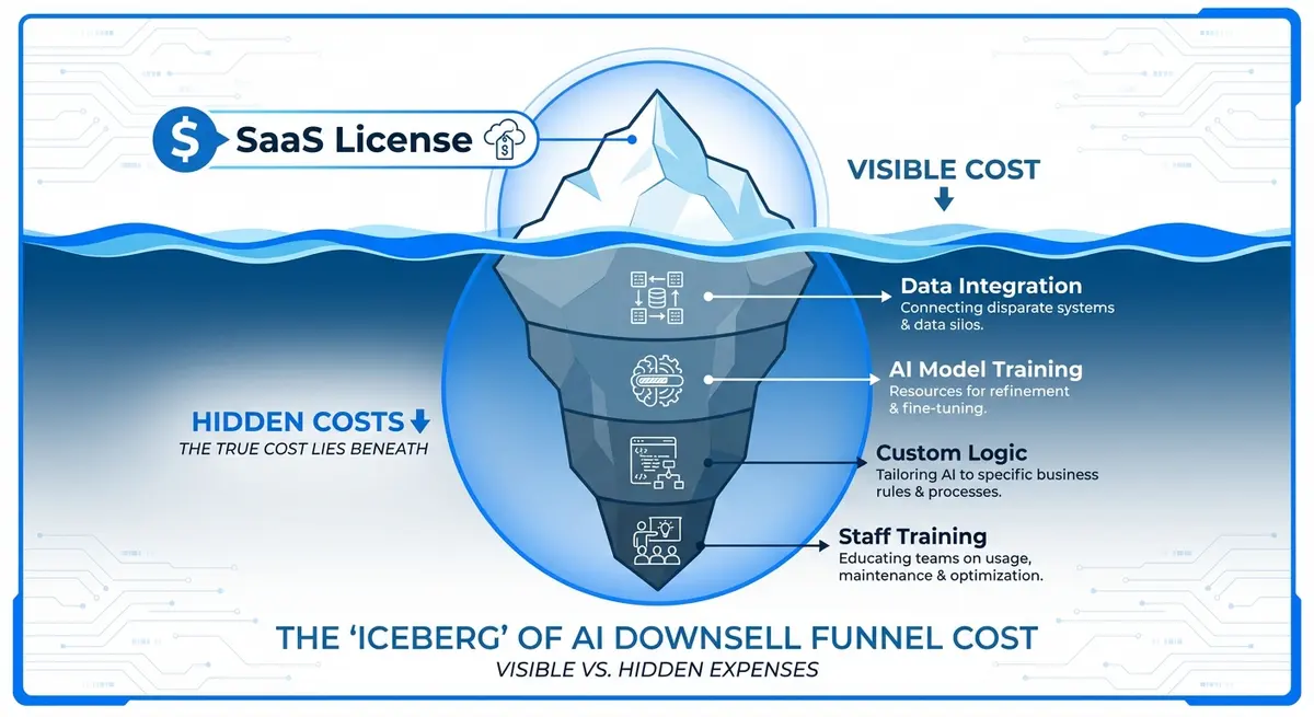 Infographic showing the hidden AI downsell funnel cost components beyond software licenses