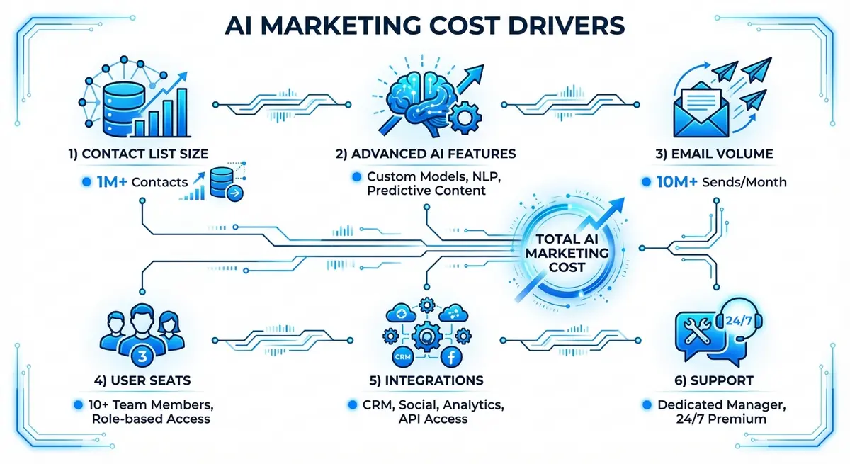 Infographic showing the six core factors influencing AI drip campaign cost