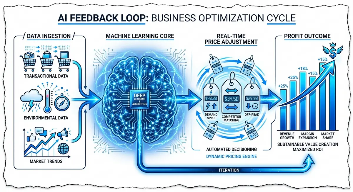 Infographic showing the AI dynamic pricing pricing feedback loop from data ingestion to profit optimization