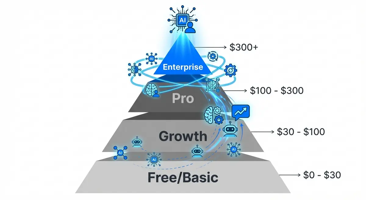AI ecommerce funnel builder cost spectrum tiered pyramid infographic