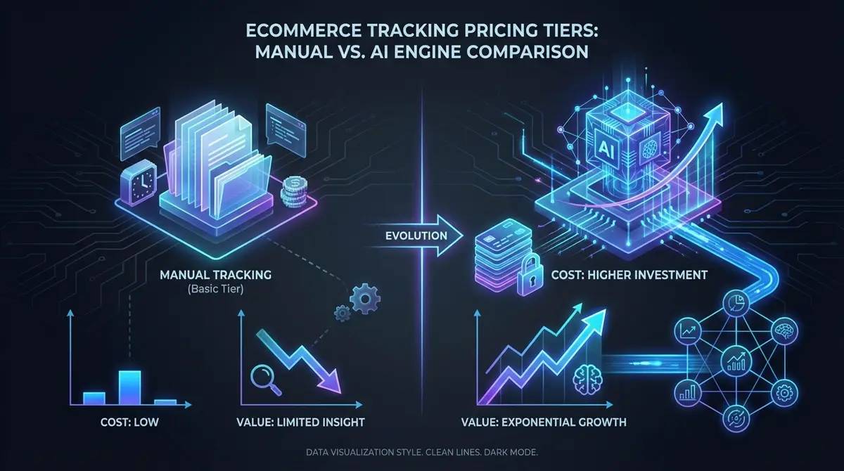 Infographic comparing AI ecommerce tracking pricing tiers against value generated