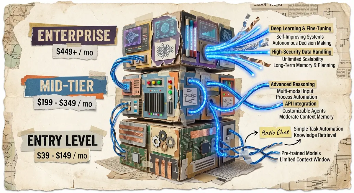 Infographic showing tiered ai electronics store agent pricing models from entry level to enterprise