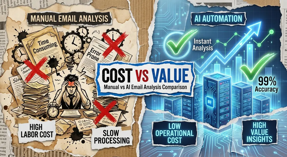 Infographic comparing manual email analysis costs versus AI email analytics pricing value