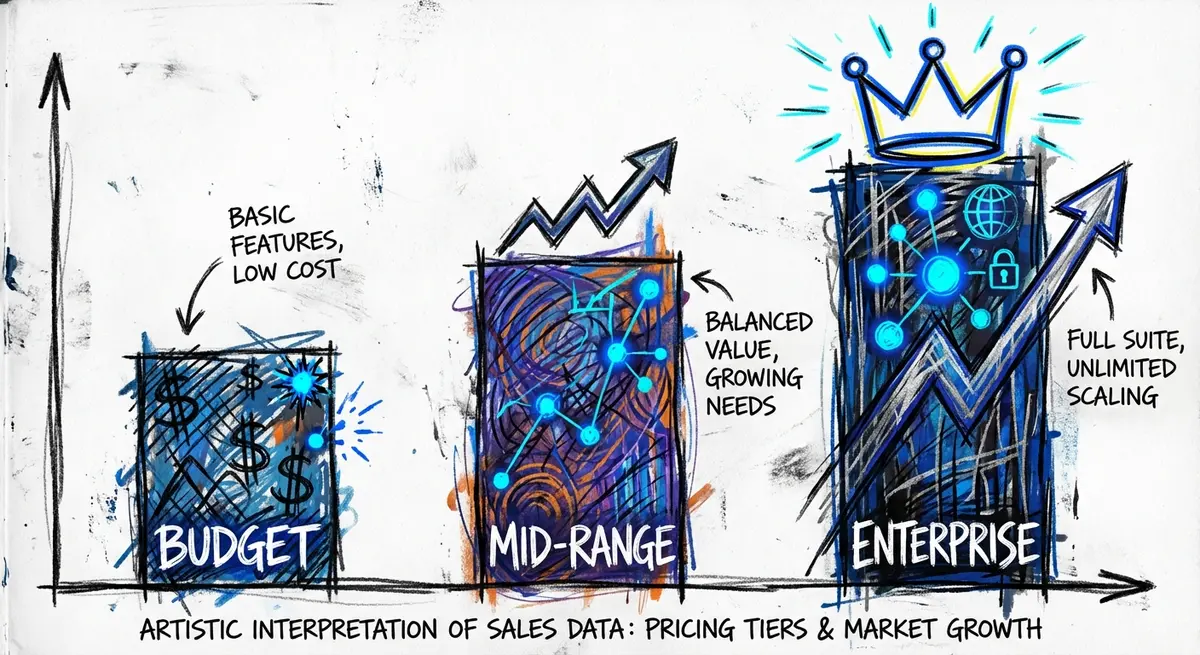 Infographic showing ai email follow up cost tiers from budget to enterprise