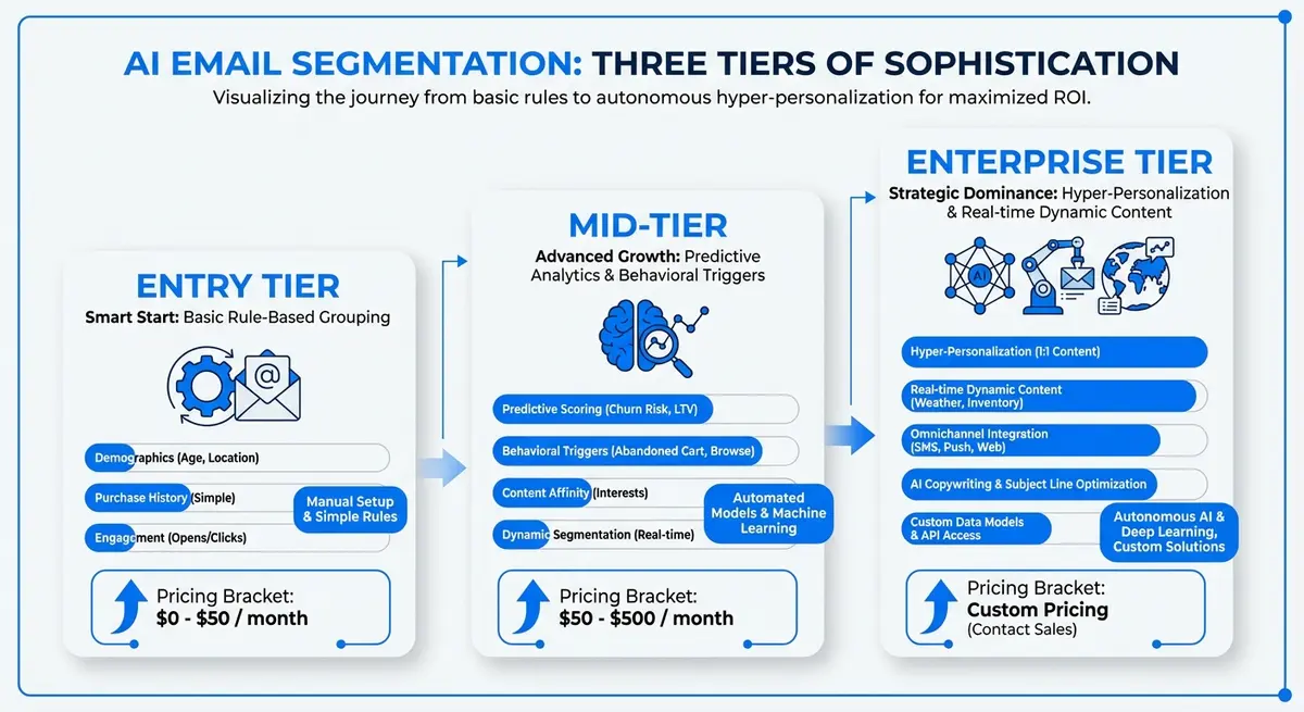 Infographic displaying AI email segmentation cost tiers from entry level to enterprise