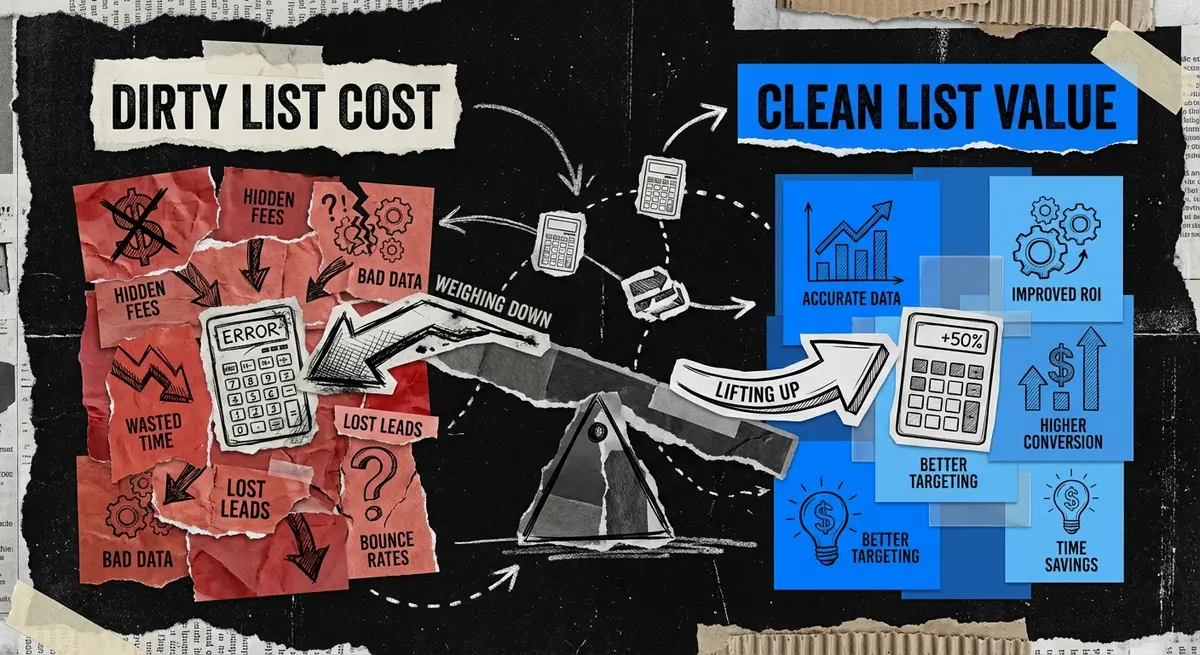 Infographic comparing the cost of dirty email lists versus the value of clean lists using AI email verification