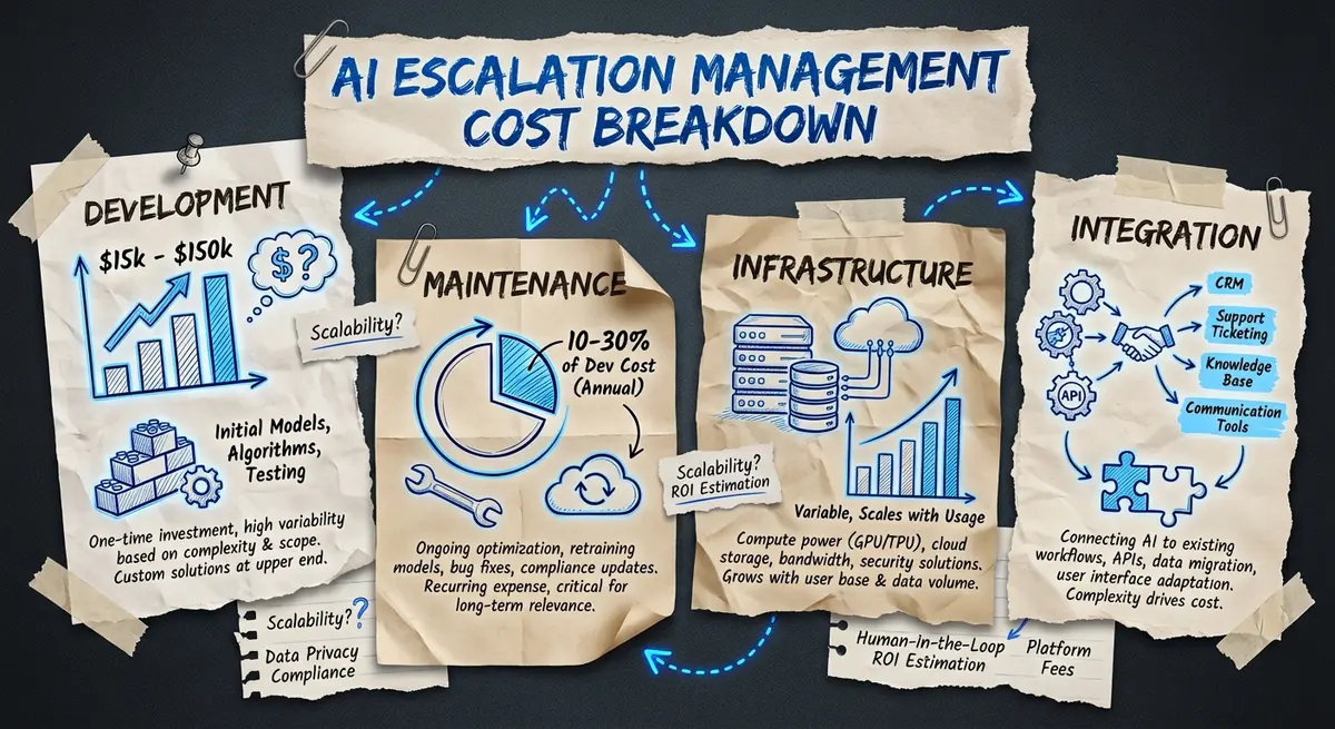 Breakdown of ai escalation management cost components including development and maintenance